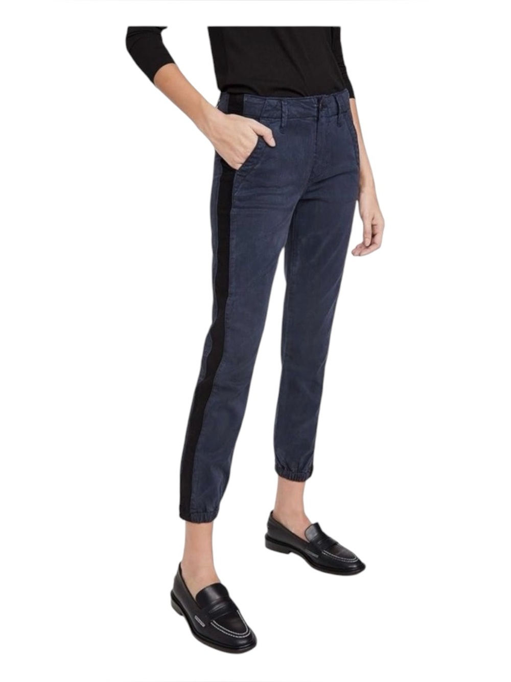 PAIGE Mayslie Navy Denim Black Velvet Side Stripe Utility Jogger New 33